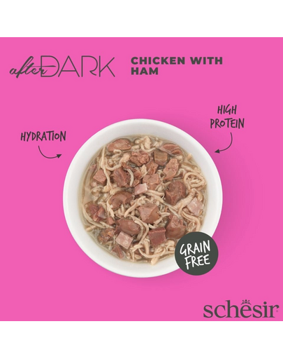 Hrană umedă pisici cu pui și șuncă Schesir After Dark în supă 80 g