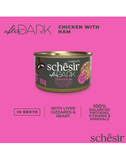 Hrană umedă pisici cu pui și șuncă Schesir After Dark în supă 80 g