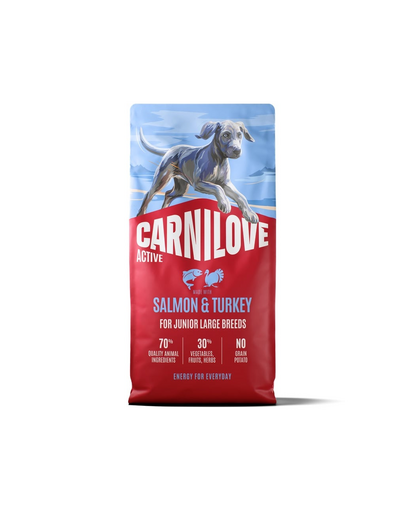 Hrană uscată 12 kg pentru câini juniori în creștere de rase mari CARNILOVE Active Dog Salmon & Turkey Junior Large Breeds somon și curcan