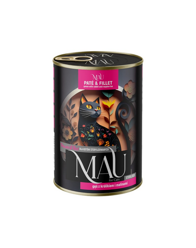 MAU Pate & Filet hrană umedă 400 g pisici sterilizate, cu gâscă, iepure și zmeură