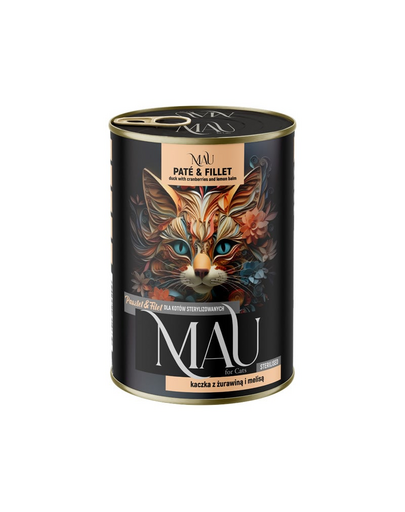 MAU Pate & Filet hrană pisici sterilizate 400 g cu rață, merișoare și roiniță