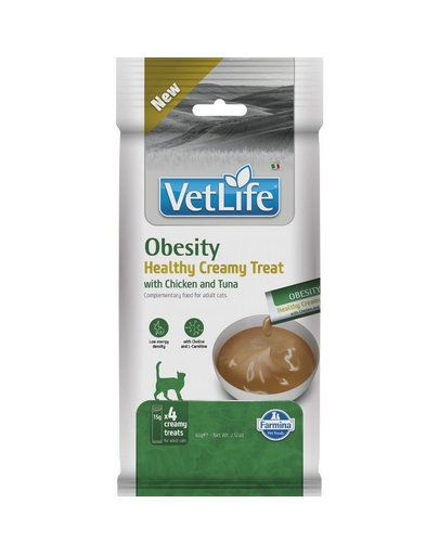 Recompensă cremoasă pisici adulte supraponderale FARMINA Vet Life Obesity 4x15 g cu pui și ton