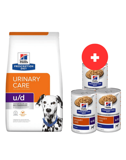 HILL'S Prescription Diet Canine U/D Urinary Care 10 kg dla psów z wrażliwym układem moczowym + 3 x 370g karmy dla psów GRATIS