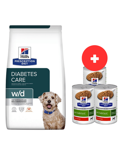 HILL'S Prescription Diet w/d Diabetes Care Chicken Adult 10 kg dla psów ze skłonnością do nawagi / po kastracji + 3 x 370g karmy dla psa GRATIS
