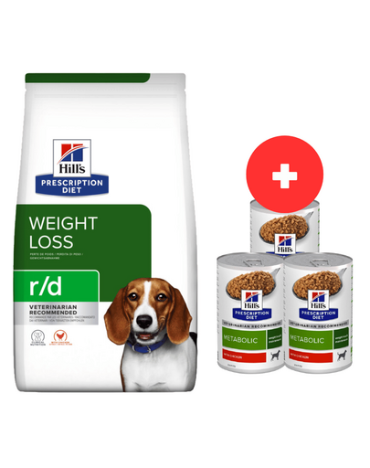 HILL'S Prescription Diet r/d Weight Reduction with Chicken Adult 10 kg dla psów z nadwagą + 3 x 370g karmy dla psa GRATIS