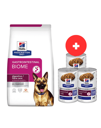 HILL'S Prescription Diet Canine GI Biome 10 kg karma dla psów z chorobami układu pokarmowego + 3 x 360g karma dla psów GRATIS