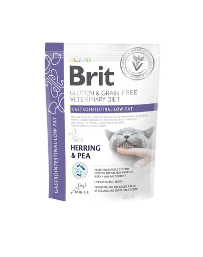 BRIT Veterinary Diets Cat GF Gastrointestinal Low Fat 400 g hrană uscată fără cereale pentru pisici cu sensibilități digestive