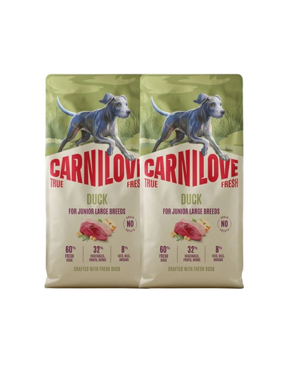 CARNILOVE True Fresh Dog Duck Junior Large 2x12 kg hrană uscată pentru câini juniori de talie mare, cu rață proaspătă