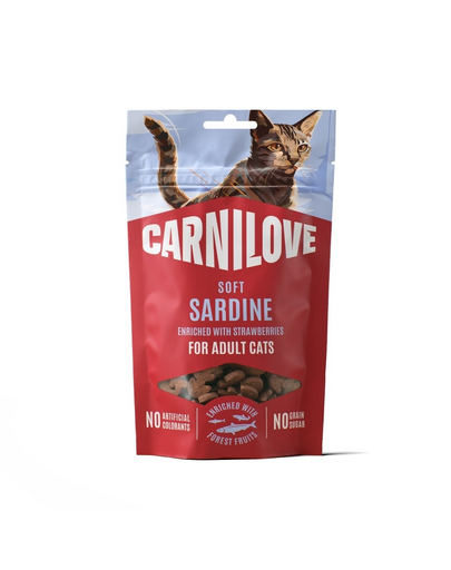 Gustări moi pentru pisici CARNILOVE Soft Snack cu sardină și căpșuni 50 g