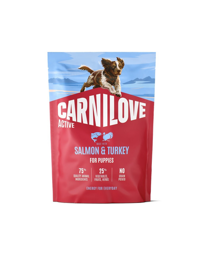 Hrană pui câine CARNILOVE Active Dog Salmon & Turkey Puppies 1,5 kg somon și curcan