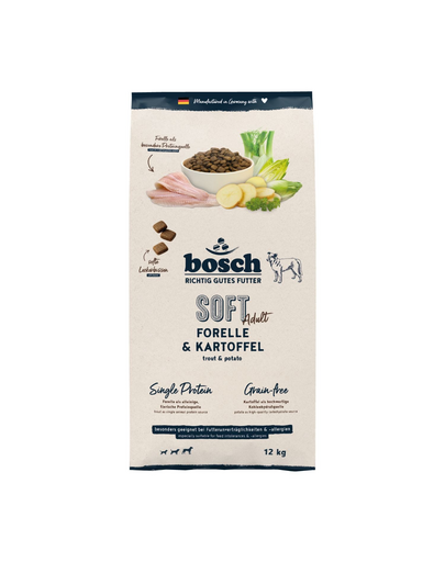 BOSCH HPC Soft Adult 12 kg hrană semi-umedă câini, păstrăv și cartof