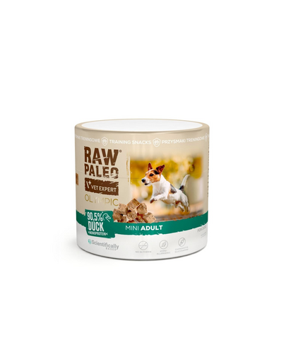 RAW PALEO Olympic Duck Mini recompensă hipoalergenică de antrenament pentru câini mici, cu rață 90 g