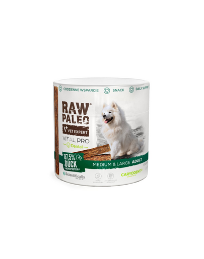 RAW PALEO Vital Pro Dental Duck Medium Large cu rață 100 g recompensă funcțională monoproteică pentru igiena orală a câinilor medii și mari