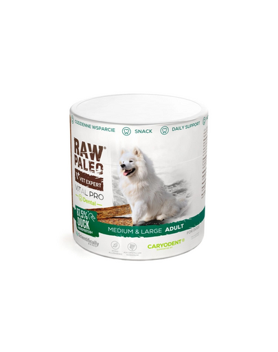RAW PALEO Vital Pro Dental Duck Medium Large cu rață 100 g recompensă funcțională monoproteică pentru igiena orală a câinilor medii și mari