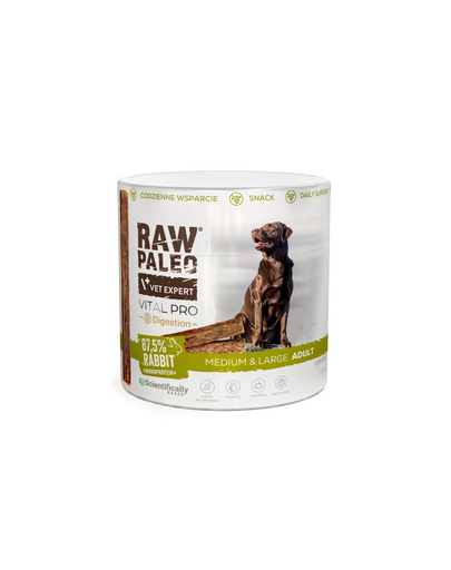 RAW PALEO Vital Pro Digestion Rabbit 100 g cu iepure recompensă pentru digestia câinilor medii și mari
