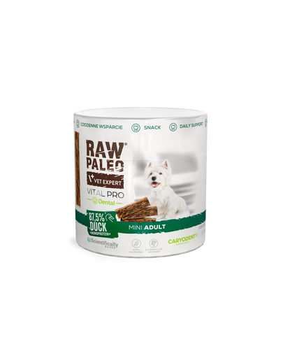 RAW PALEO Vital Pro Dental Duck Mini 100 g cu rață recompensă funcțională monoproteică pentru igiena orală a câinilor mici