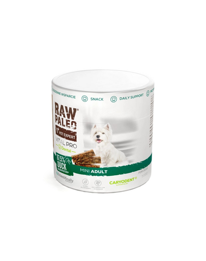 RAW PALEO Vital Pro Dental Duck Mini 100 g cu rață recompensă funcțională monoproteică pentru igiena orală a câinilor mici