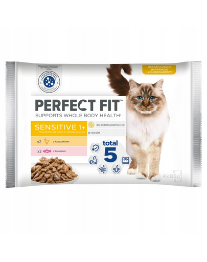 PERFECT FIT Sensitive 1+ 4 x 85 g cu pui și somon în sos hrană pentru pisici cu sensibilitate digestivă
