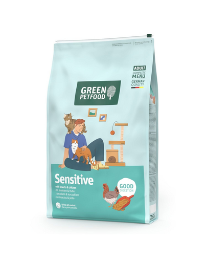GREEN PETFOOD Sensitive cu insecte și pui, hrană uscată ușor digerabilă pentru pisici 7,5 kg