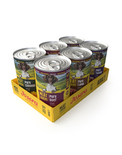 JOSERA Meat Lovers Pure Multipack vită, pui, miel, curcan, hrană umedă fără cereale pentru câini adulți, 6x400 g