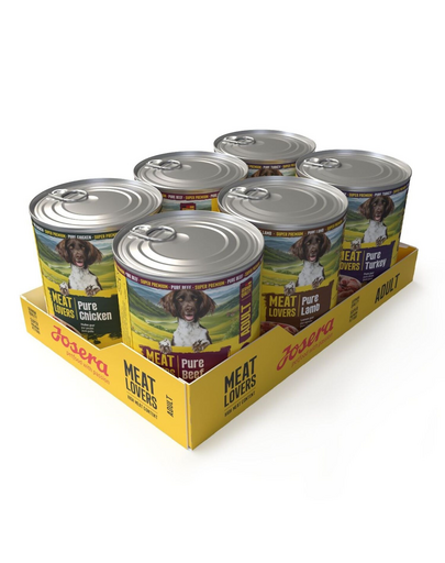 JOSERA Meat Lovers Pure Multipack cu vită, pui, miel și curcan, hrană umedă fără cereale pentru câini adulți 6x800 g