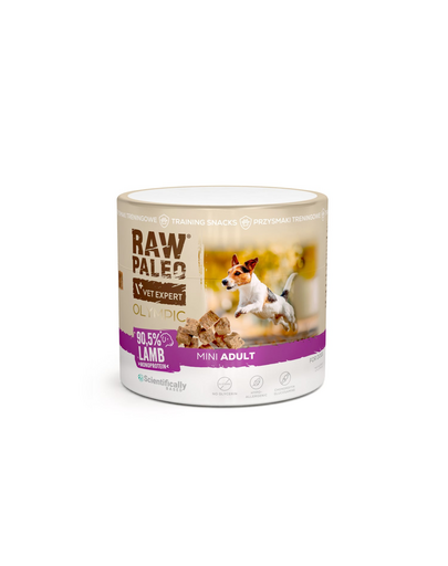 RAW PALEO Olympic Lamb Mini recompensă hipoalergenică de antrenament pentru câini mici, cu miel 90 g