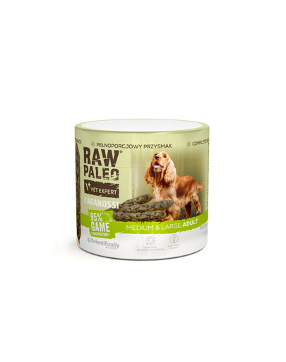 RAW PALEO Cabanossi Game Medium Large cârnăciori semiumezi pentru câini medii și mari, cu vânat, 100 g