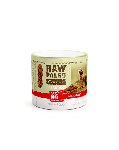 RAW PALEO Cabanossi Beef Mini 100 g hrană semiumedă tip cârnăciori pentru câini mici, cu vită