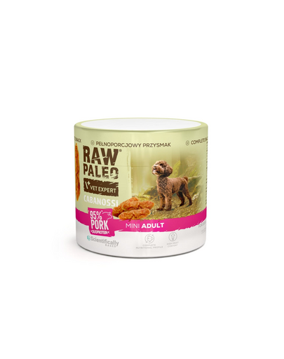 RAW PALEO Cabanossi Pork Mini 100 g cârnăciori pentru câini mici, cu porc