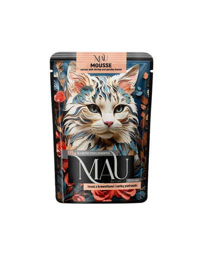 MAU Mousse plic pisici sterilizate, cu somon, creveți și pătrunjel 85 g