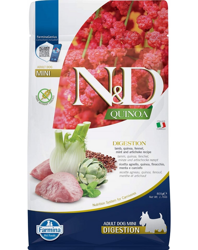 FARMINA N&D Quinoa Digestion Mini hrană dietetică fără cereale pentru câini adulți de talie mică cu miel, 800 g