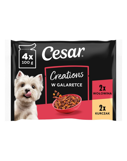 CESAR Creations în gelatină 4x100 g hrană umedă câini adulți, pui cu mazăre și vită cu morcov