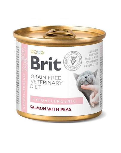 BRIT Veterinary Diet Cat Hypoallergenic Salmon & Pea 24x200 g hrană umedă dietetică hipoalergenică pentru pisici, cu somon și mazăre