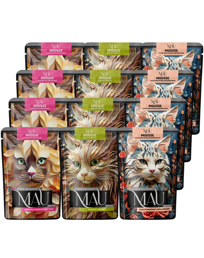 MAU Mousse Mix Sterilised 12x85 g hrană umedă pentru pisici sterilizate, cu miel, somon și vânat