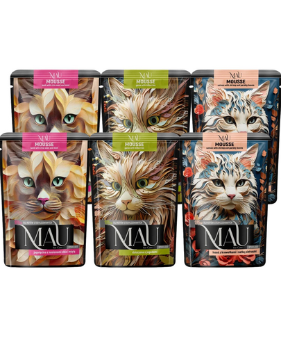 MAU Mousse Mix Sterilised hrană umedă pentru pisici sterilizate, cu miel, somon și vânat 6x85 g