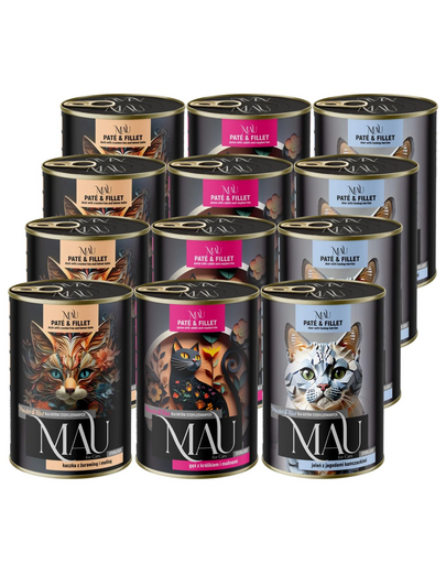MAU Pate & Filet Mix arome 12x400 g hrană umedă pentru pisici sterilizate, cu rață, gâscă, iepure și cerb