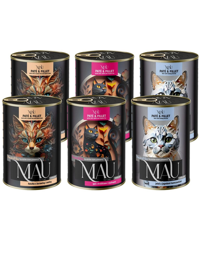 MAU Pate & Filet Mix Sterilised 6x400 g hrană pisici sterilizate, cu rață, gâscă și cerb