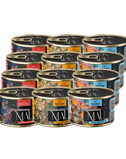 MAU Pate & Filet Mix hrană umedă pentru pisici adulte, cu vită, curcan și sebastă 12x185 g