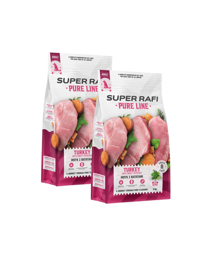 SUPER RAFI Pure Line hrană uscată pentru câini cu curcan și cartof dulce 2x9 kg