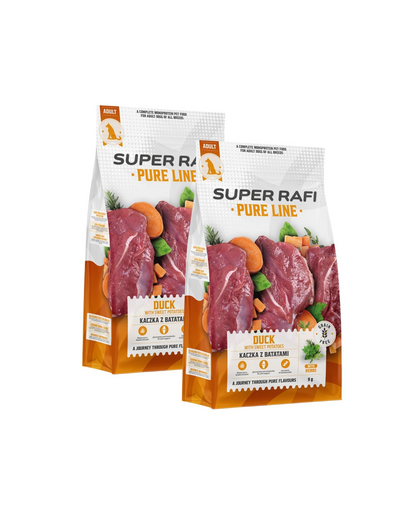 SUPER RAFI Pure Line hrană uscată pentru câini cu rață și cartofi dulci 2x9 kg