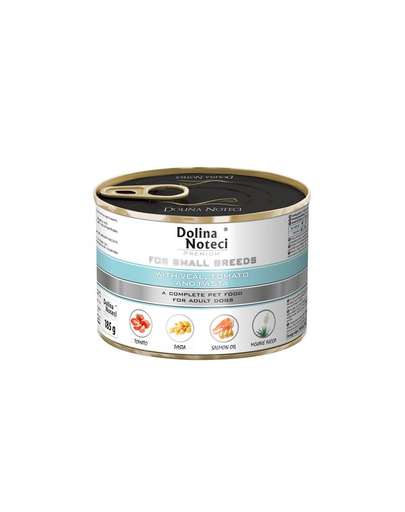 DOLINA NOTECI Premium Small hrană umedă pentru câini adulți de talie mică, cu vițel, roșii și paste 185 g