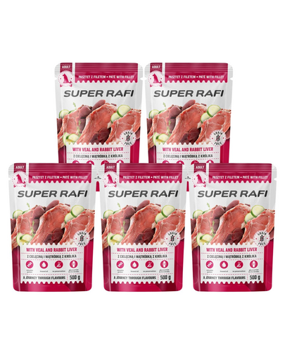 SUPER RAFI hrană umedă pentru câini cu vițel și ficat de iepure 5x500 g