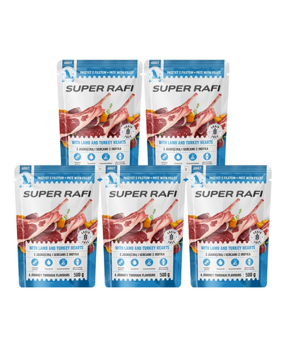 SUPER RAFI hrană umedă pentru câini, cu miel și inimi de curcan 5x500 g