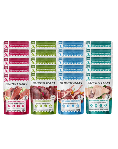 SUPER RAFI Mix de arome cu vițel, curcan, rață și ficat pentru câini 20x500 g hrană umedă pentru câini