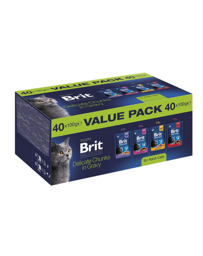 BRIT Premium by Nature Cat Adult Chunks in Gravy Value Pack 40x100 g hrană umedă completă pentru pisici adulte, 4 arome