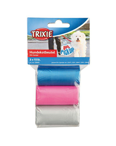 TRIXIE Pungi colorate cu mânere pentru excremente 3x15 buc.