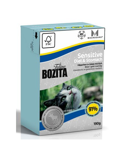 BOZITA Sensitive diet and stomach Hrana umeda pentru pisici cu tract digestiv sensibil, cu pui si elan 190 g