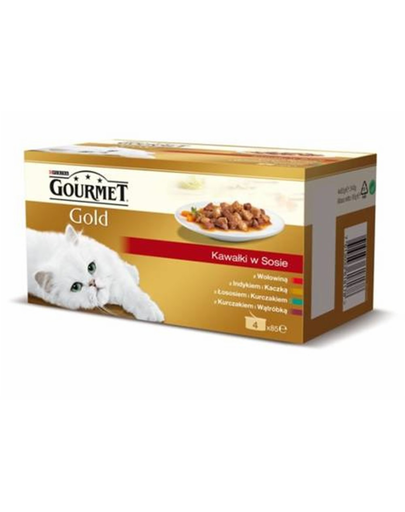 Gourmet Gold bucățele în sos vită curcan și rață; somon și pui (4x85 g)
