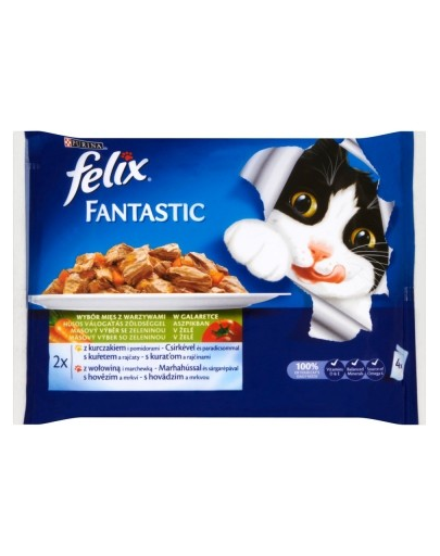 FELIX Fantastic mix carne cu legume în aspic 4x100 g: pui cu roșii, vită cu morcov