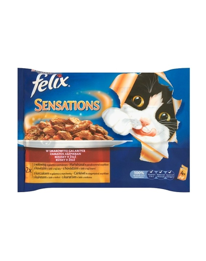 FELIX Sensations 4x100 g: 2 x vită în aspic cu roșii; 2x pui în aspic cu morcov